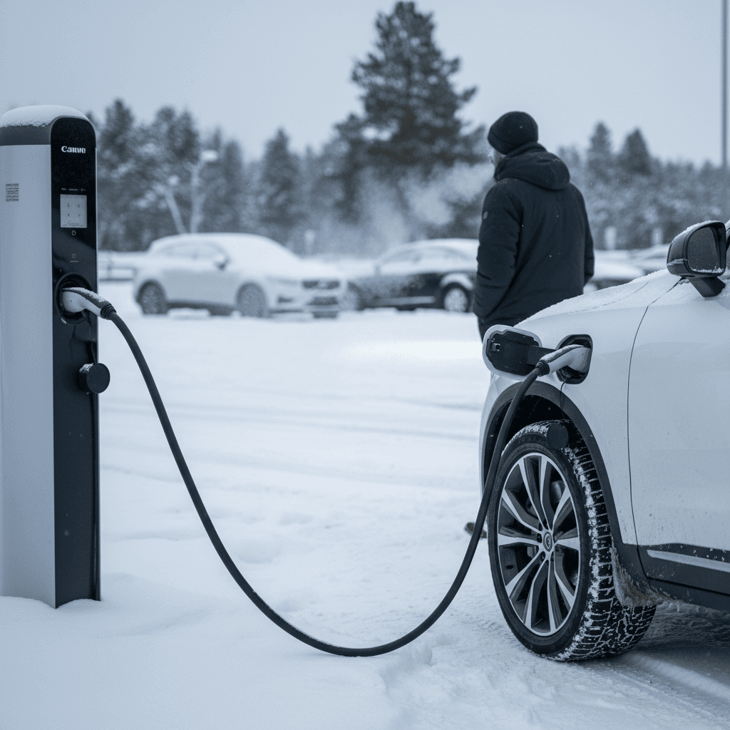 Volvo EX90 charging at a public fast charger on a snowy day, with driver brushing snow from the windshield