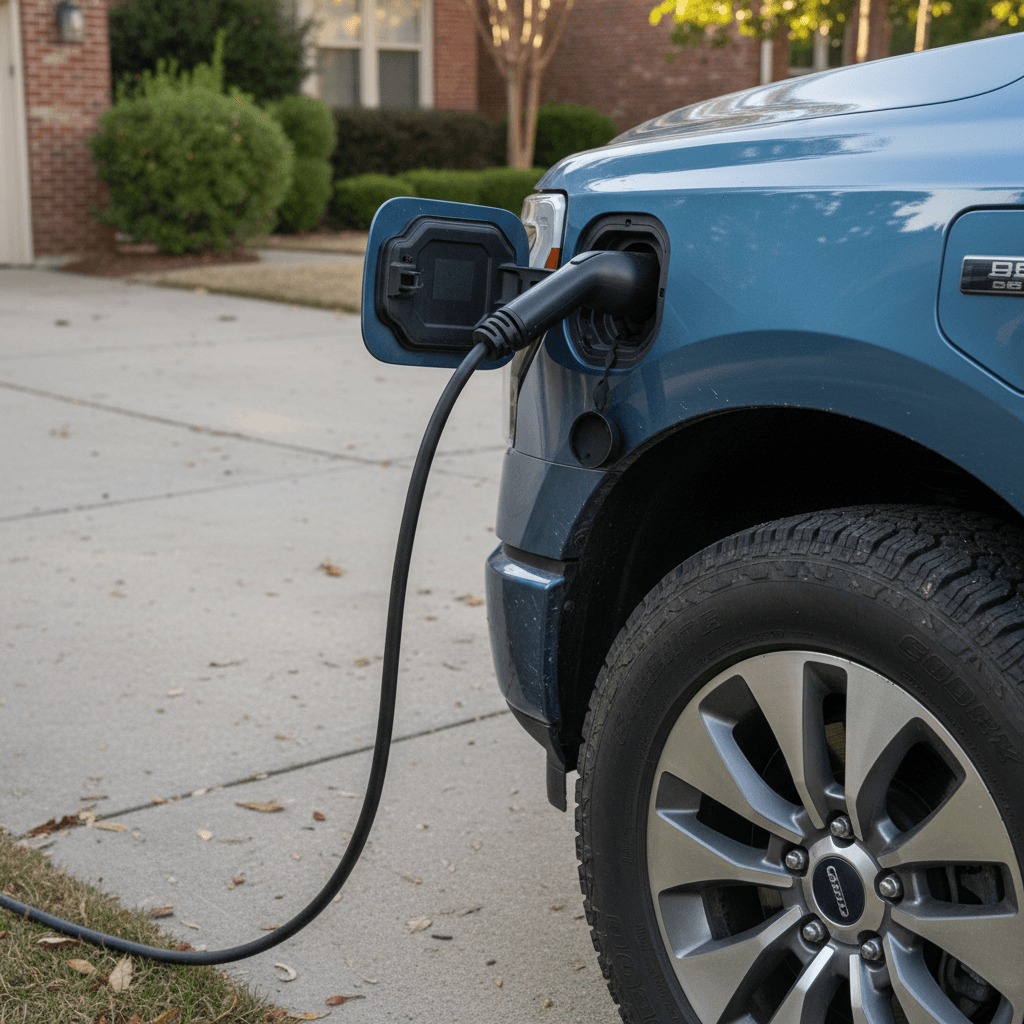 Close-up of a 2024 Ford F-150 Lightning charging at a home driveway, showing the charging port and wheel