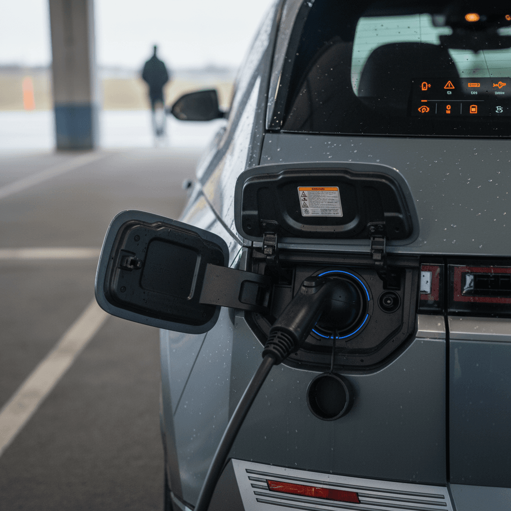 Close-up of a 2023 Hyundai Ioniq 5 charging port with warning lights illuminated on the digital dashboard
