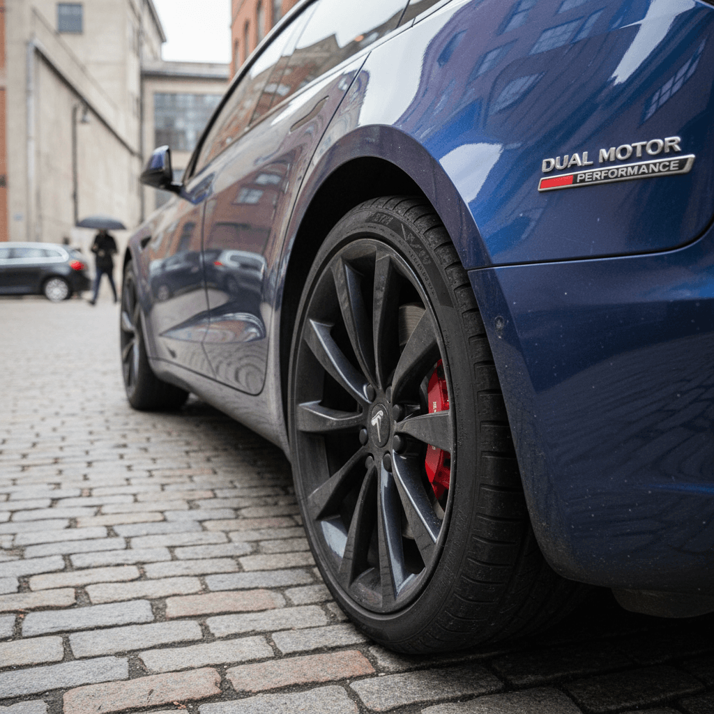 Detail shot of a used Tesla Model 3 Performance wheel, red brake caliper, and rear badge highlighting its performance hardware