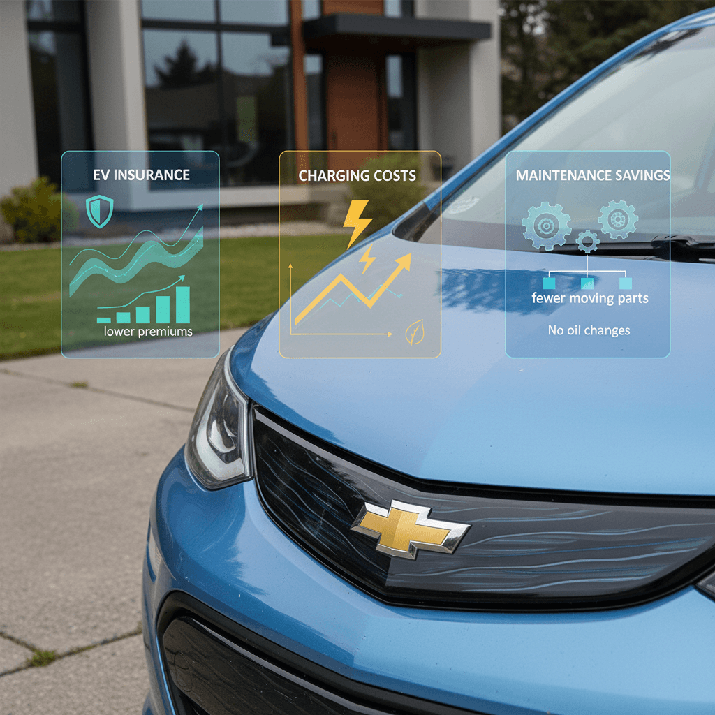 Chevrolet Bolt EV parked in front of a house with illustrated icons showing insurance, battery, and repair costs