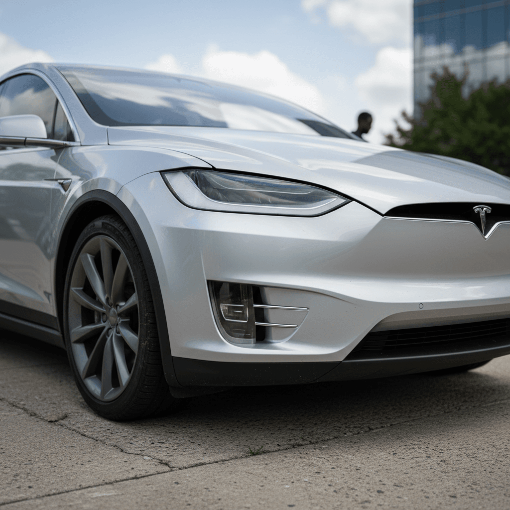 Close-up view of a Tesla Model X front corner, highlighting exterior panel alignment and wheel fitment