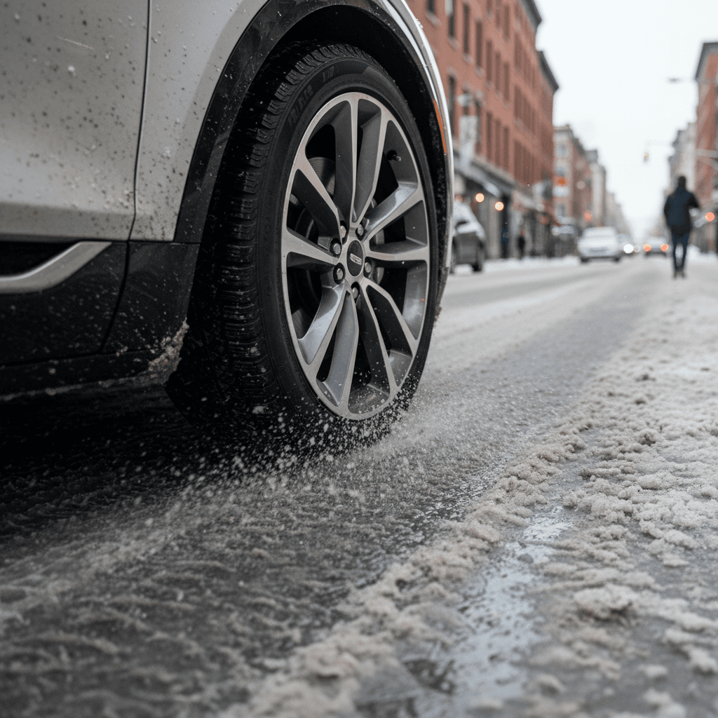 Cadillac Lyriq wheel and tire driving through slushy snow on a city street
