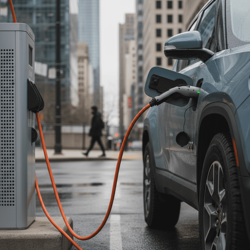 A Rivian R1T plugged into a DC fast charger at an urban charging station