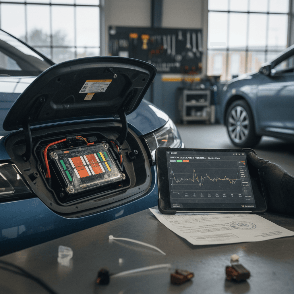 Technician inspecting an EV battery pack underneath a raised electric vehicle
