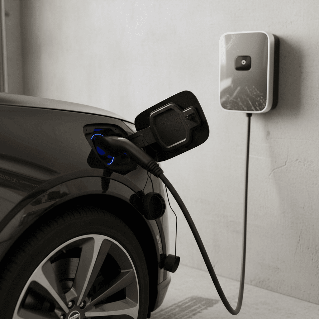Cadillac Lyriq charging at a home wallbox in a modern garage