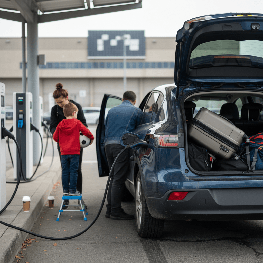 Family loading luggage into a used electric crossover at a highway DC fast charging station before a road trip