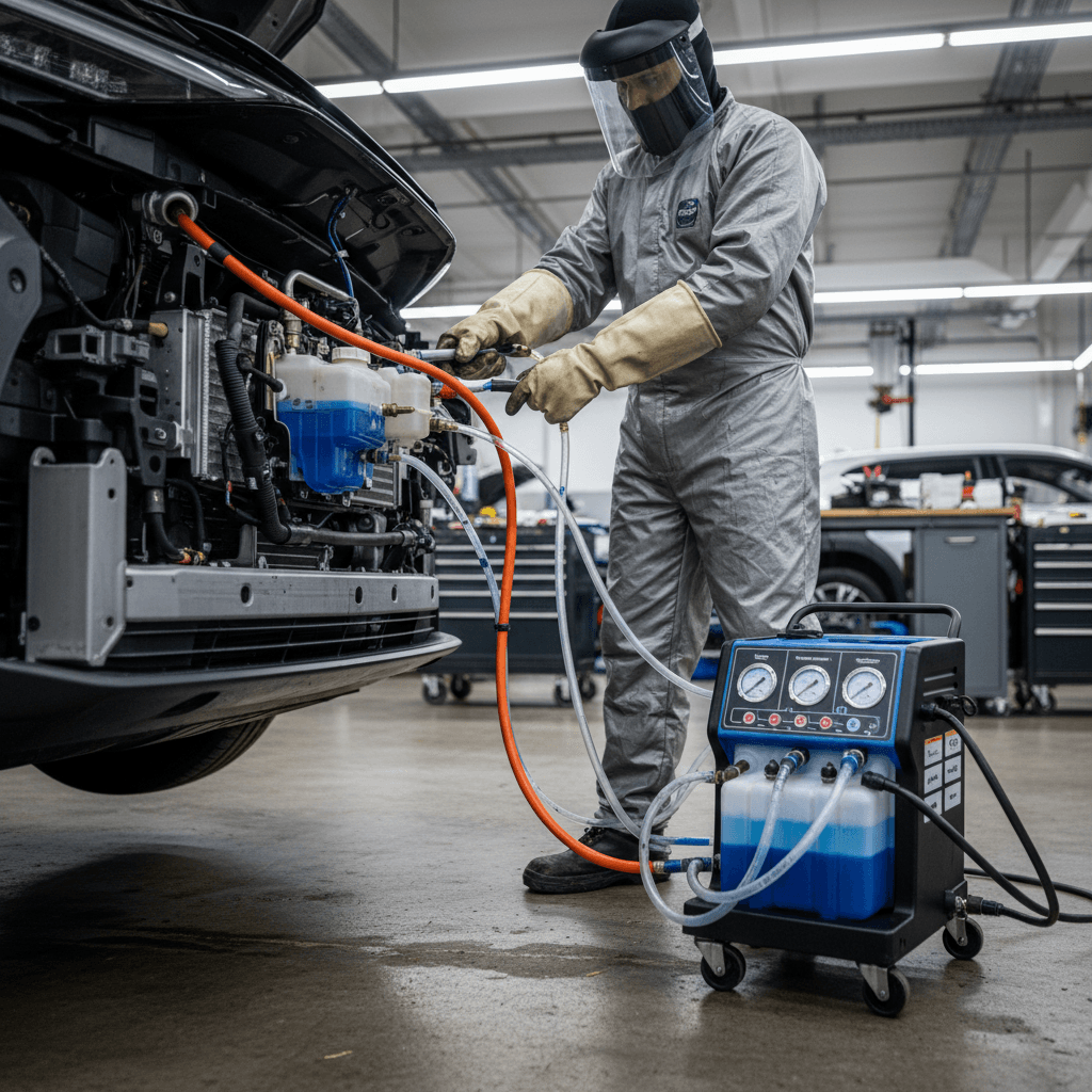 Technician servicing the coolant system of an electric Toyota bZ4X using proper safety procedures in a service bay