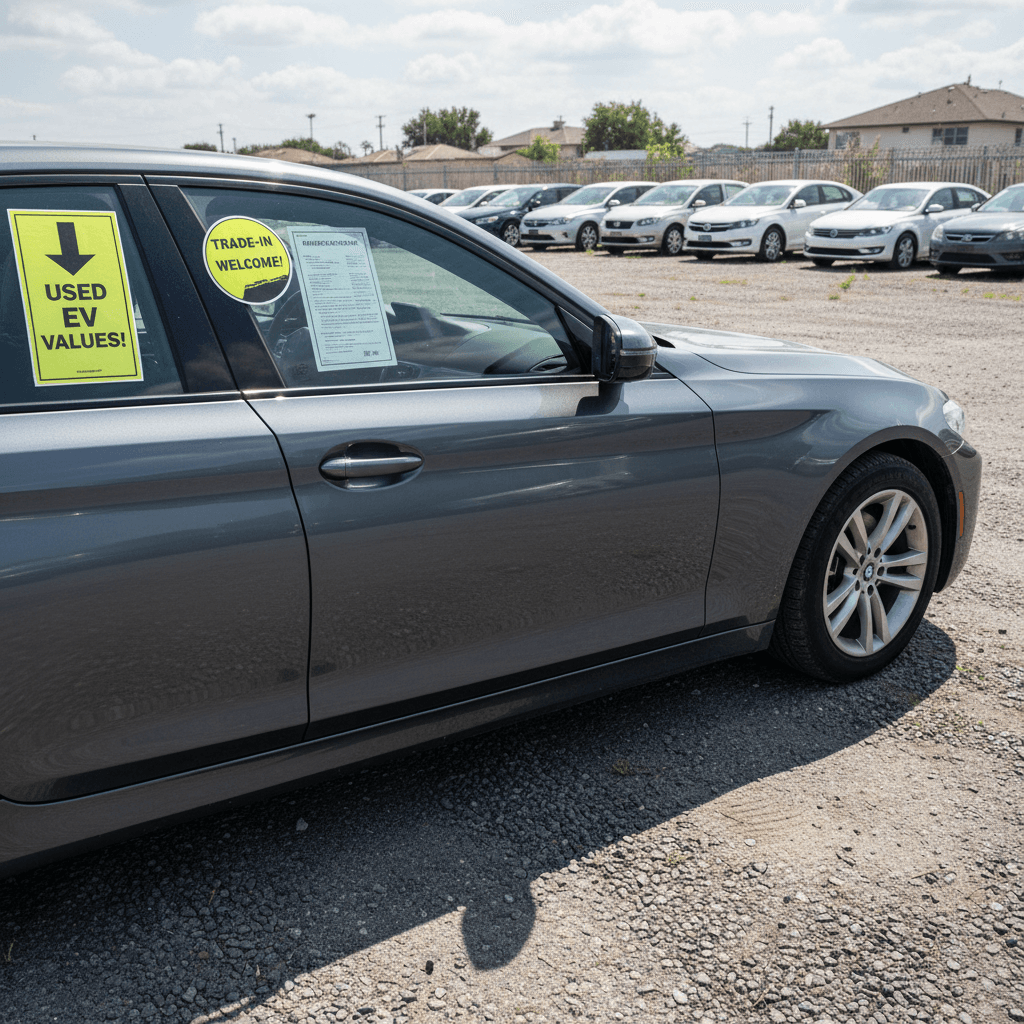 BMW i5 electric sedan parked on a used car lot awaiting appraisal