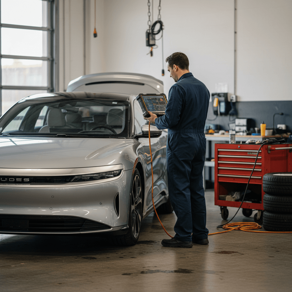Lucid Air electric sedan on a lift in a service bay while a technician checks diagnostics