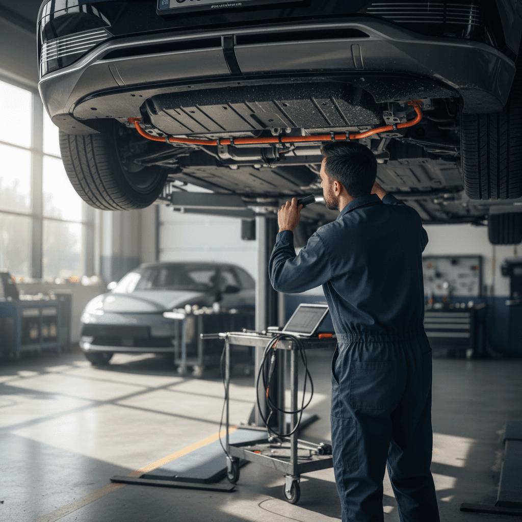 Technician inspecting the tires and wheels of an electric crossover in a service bay