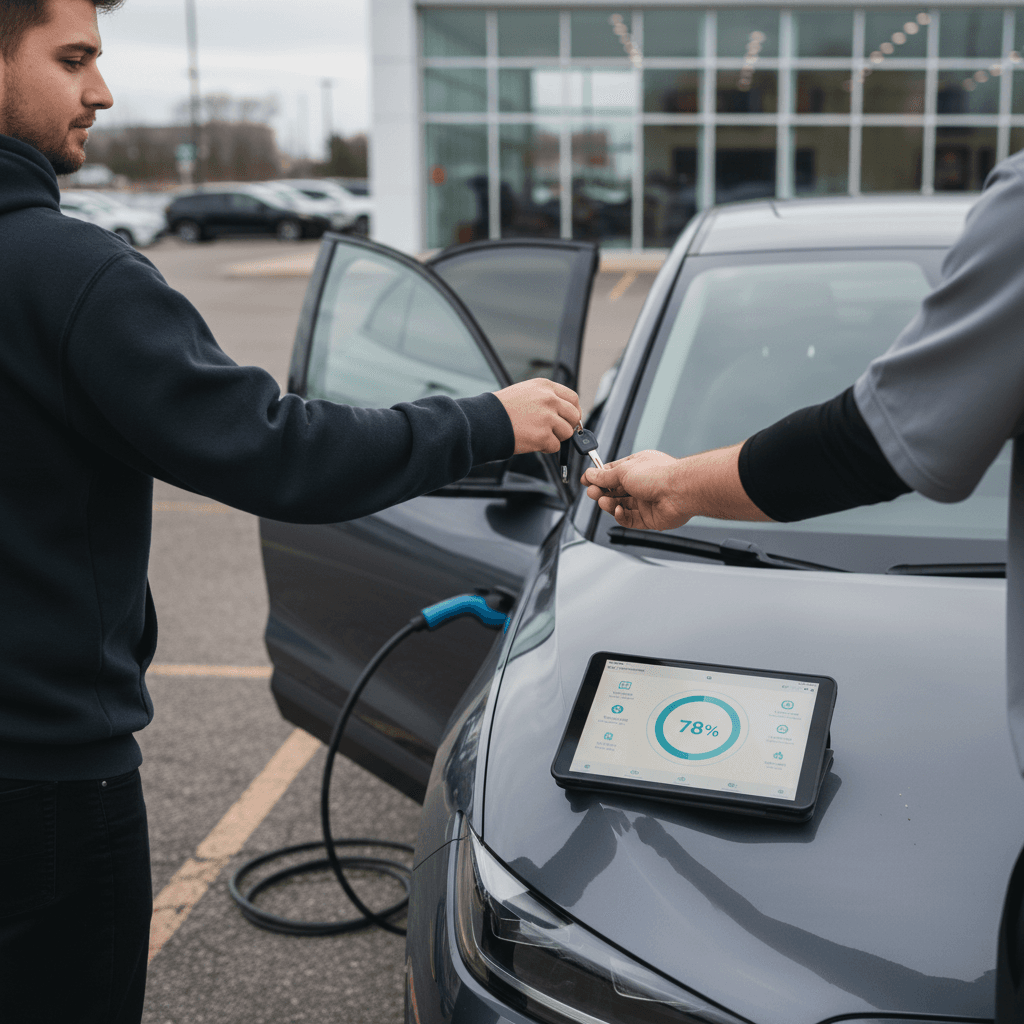 West Virginia owner trading in an electric car while a dealer reviews a battery health report on a tablet
