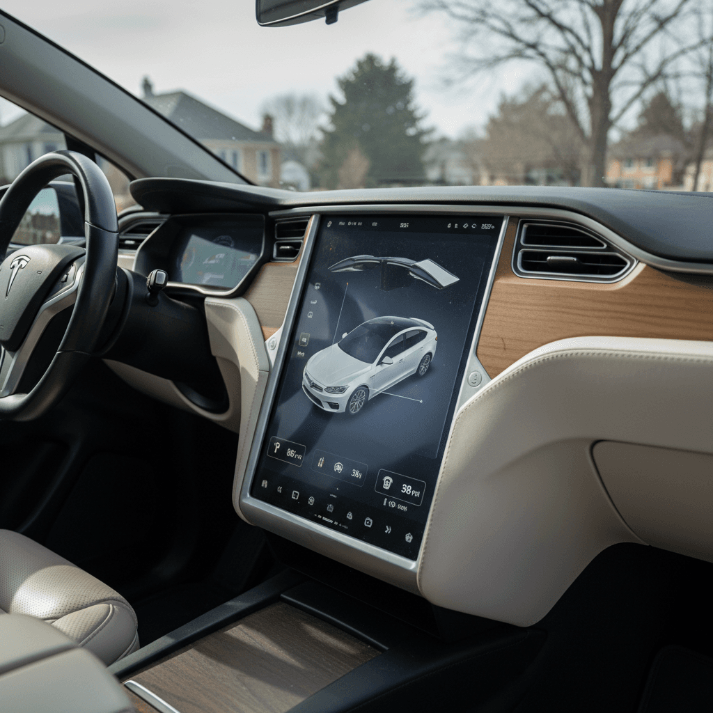 Dashboard view of a Tesla Model X interior with center screen displaying vehicle status and controls