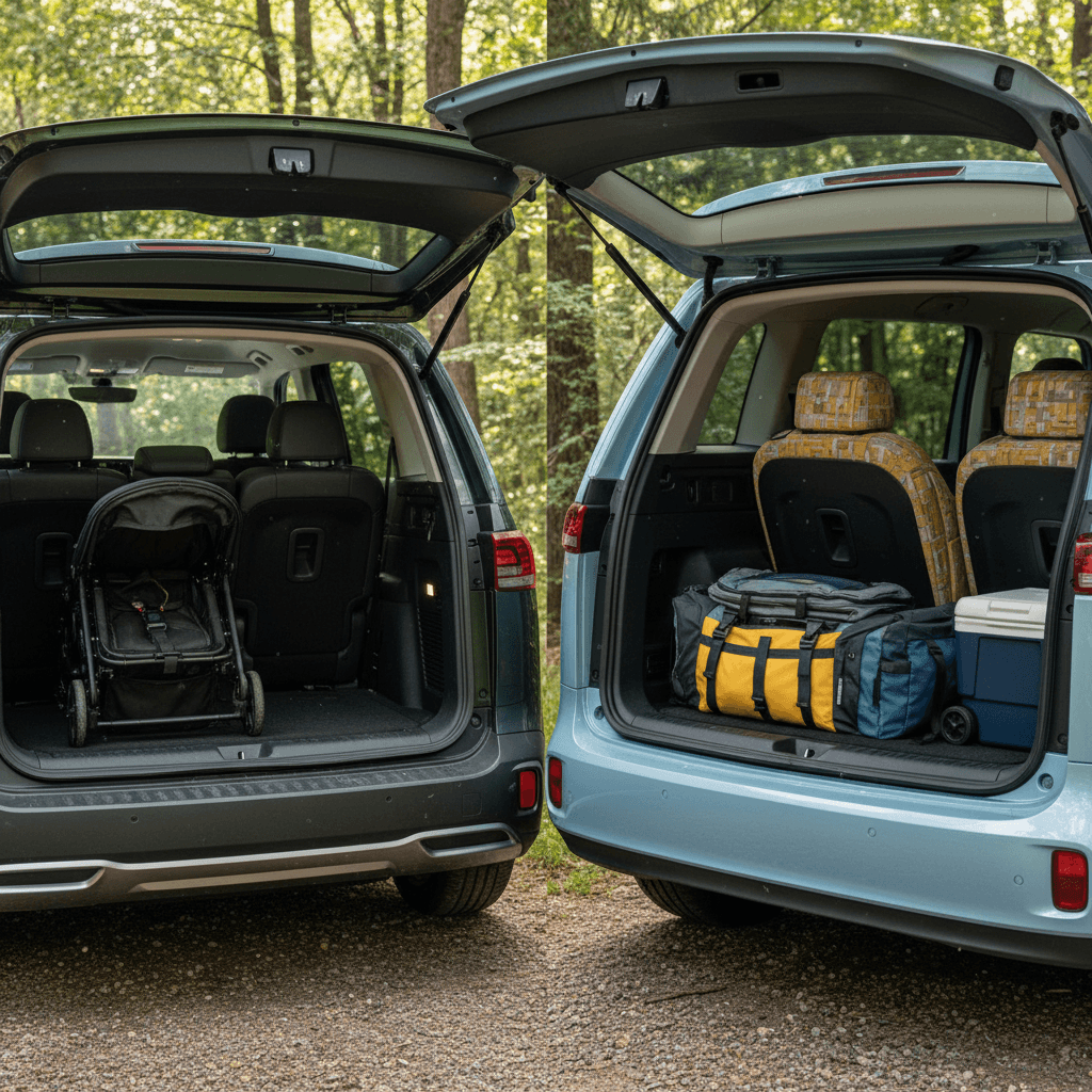 Side-by-side interior views of Kia EV9 SUV and Volkswagen ID. Buzz showing three-row seating and cargo areas
