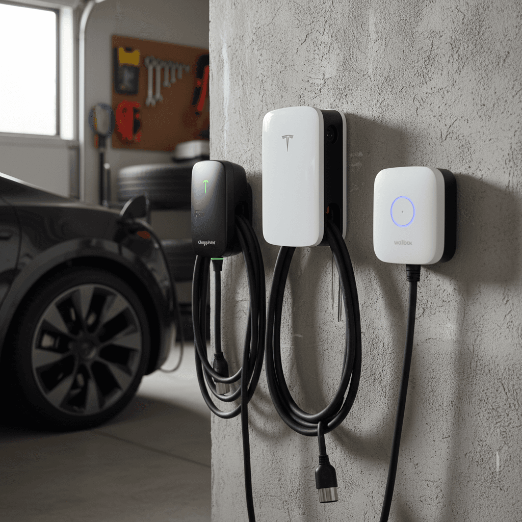 Selection of Level 2 home EV chargers, including a Tesla Wall Connector, mounted on a home garage wall for Tesla Model Y drivers