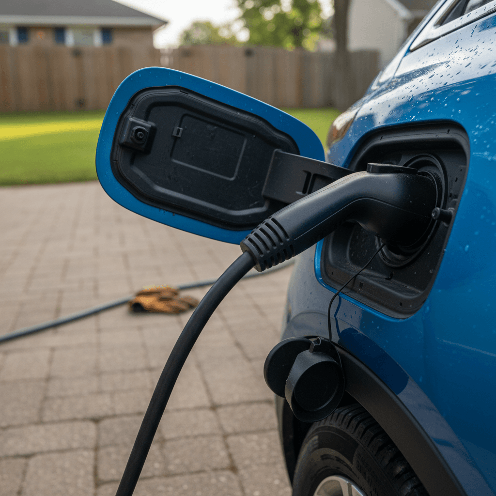 Chevrolet Bolt EV plugged into a home Level 2 charger in a suburban driveway