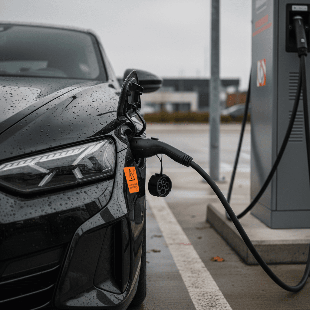 Charging port area of a Genesis Electrified G80 with high voltage battery warning label visible