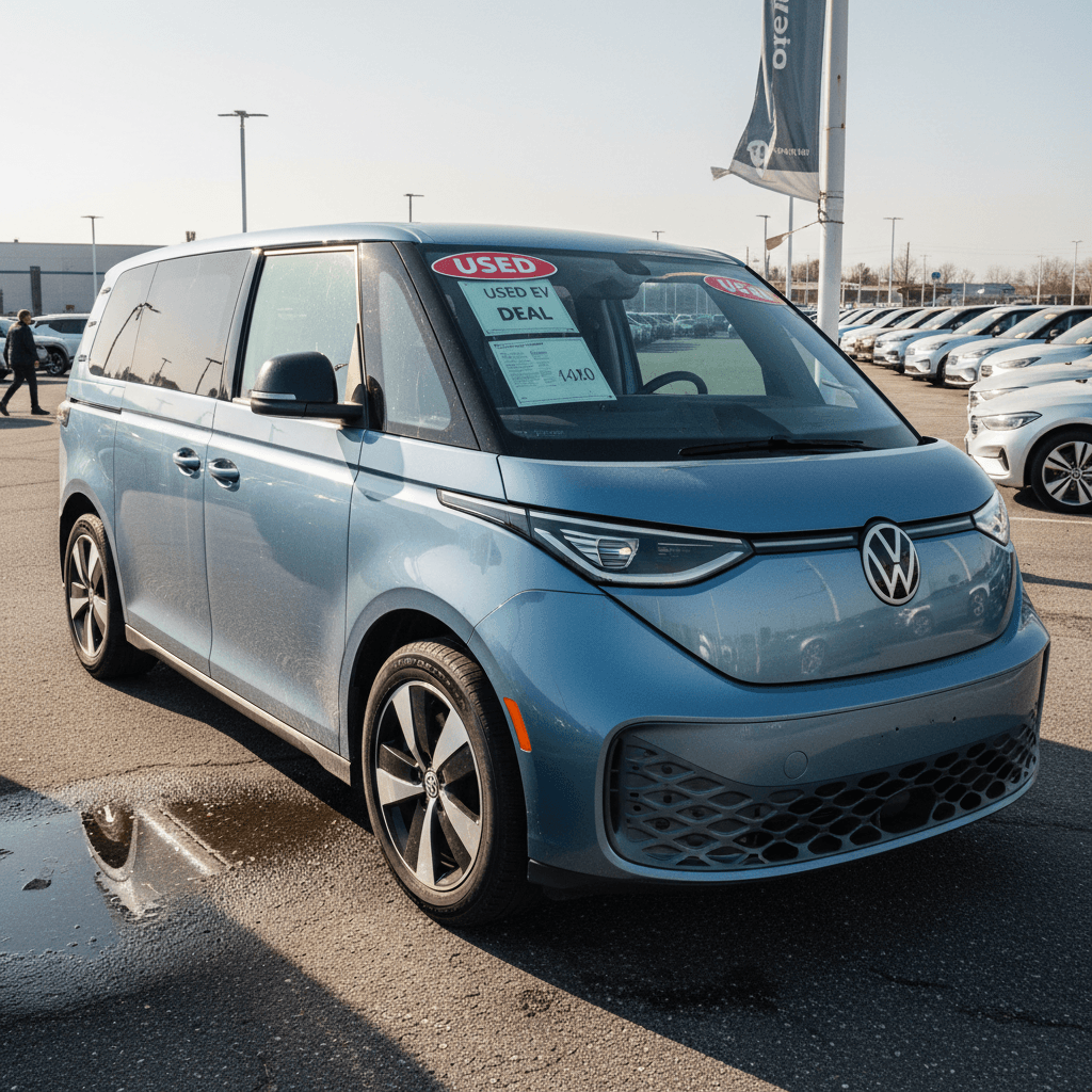 Used Volkswagen ID. Buzz vans lined up on a dealer lot, highlighting future 3-year resale values.