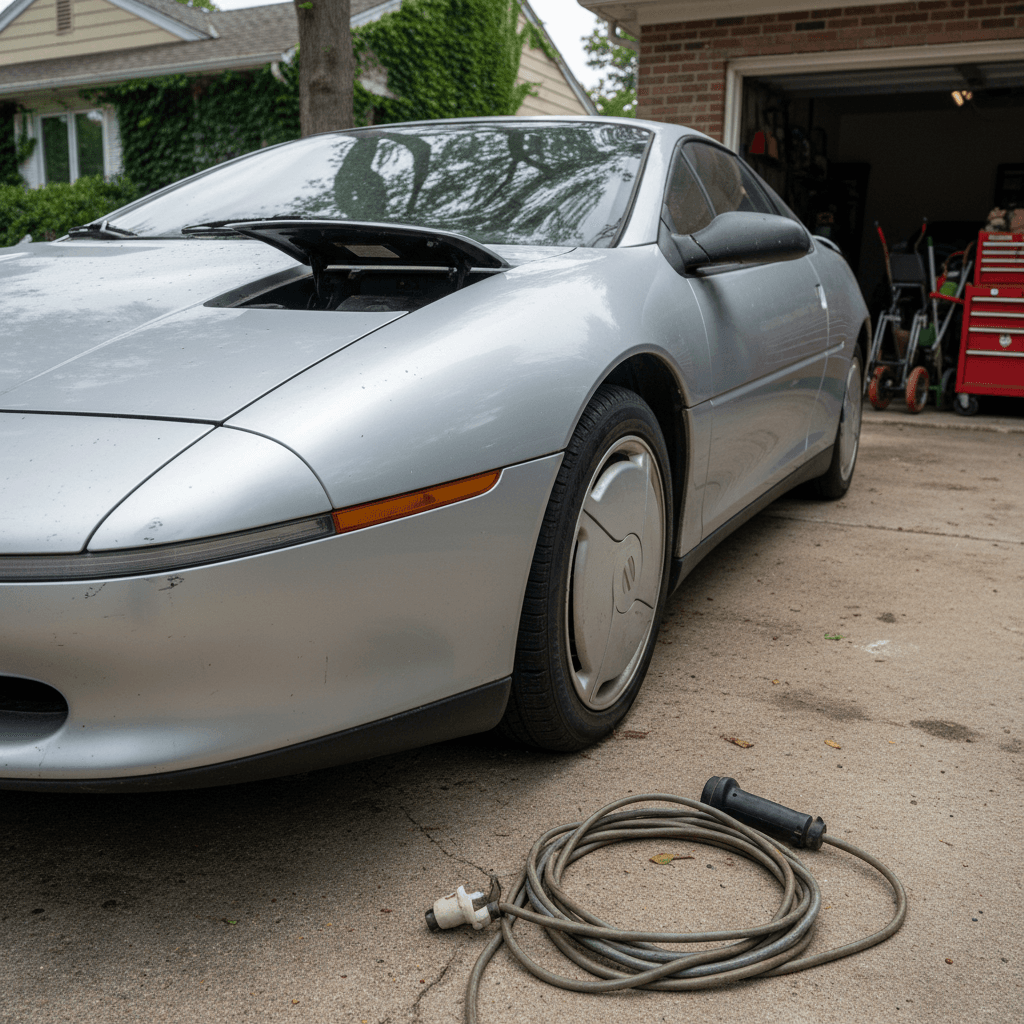 Red electric concept-style car displayed in a museum gallery, similar in spirit to the GM EV1