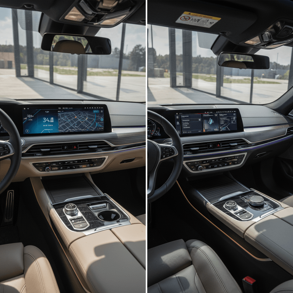 Side-by-side view of Lucid Air and BMW i7 interiors showing large screens, ambient lighting, and premium materials