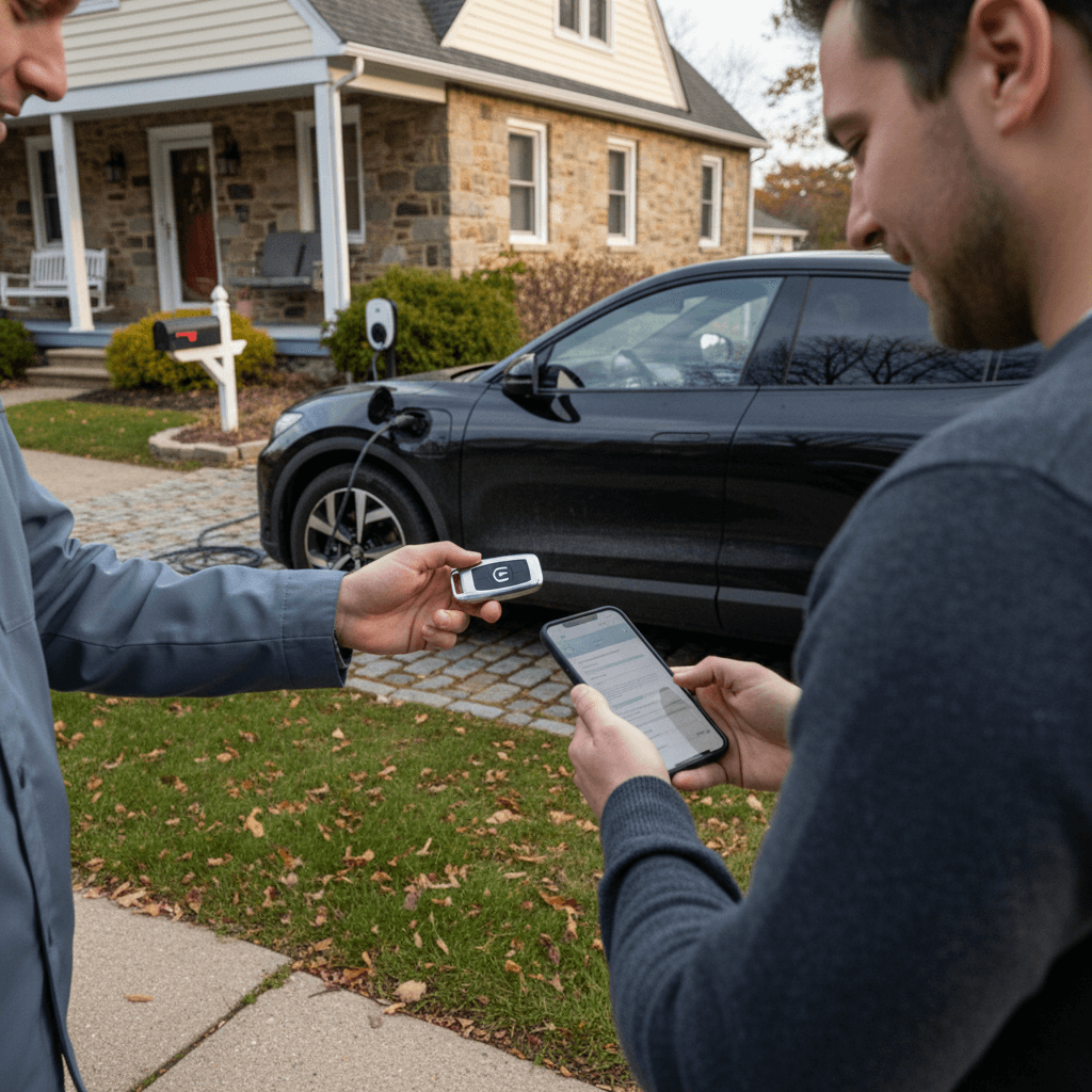 EV owner handing over a key fob while using a phone app to complete a digital sale in front of a house