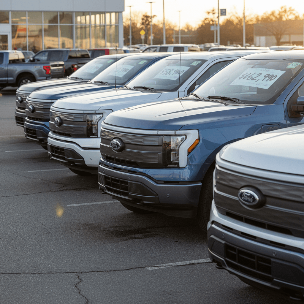 Row of used Ford F-150 Lightning electric pickups on a lot, each with price stickers on the windshield