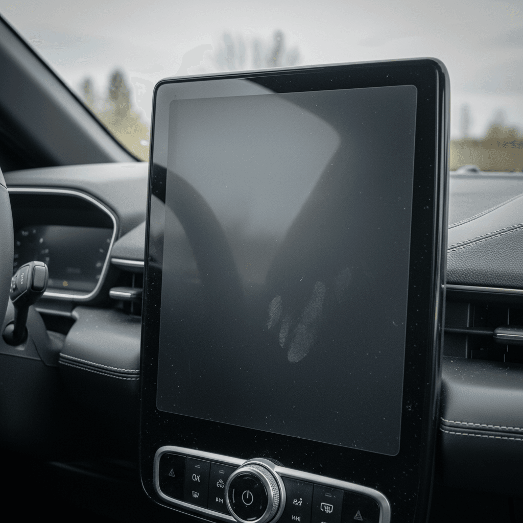 Close-up of a Ford Mustang Mach-E’s central touchscreen with a matte screen protector that softens reflections and hides fingerprints