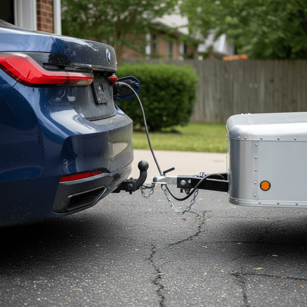 BMW i7 rear view with an installed tow hitch and a small cargo trailer in a residential driveway