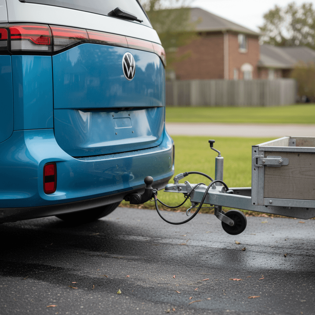 Volkswagen ID. Buzz hitched to a small camping trailer parked near a home charger in a driveway