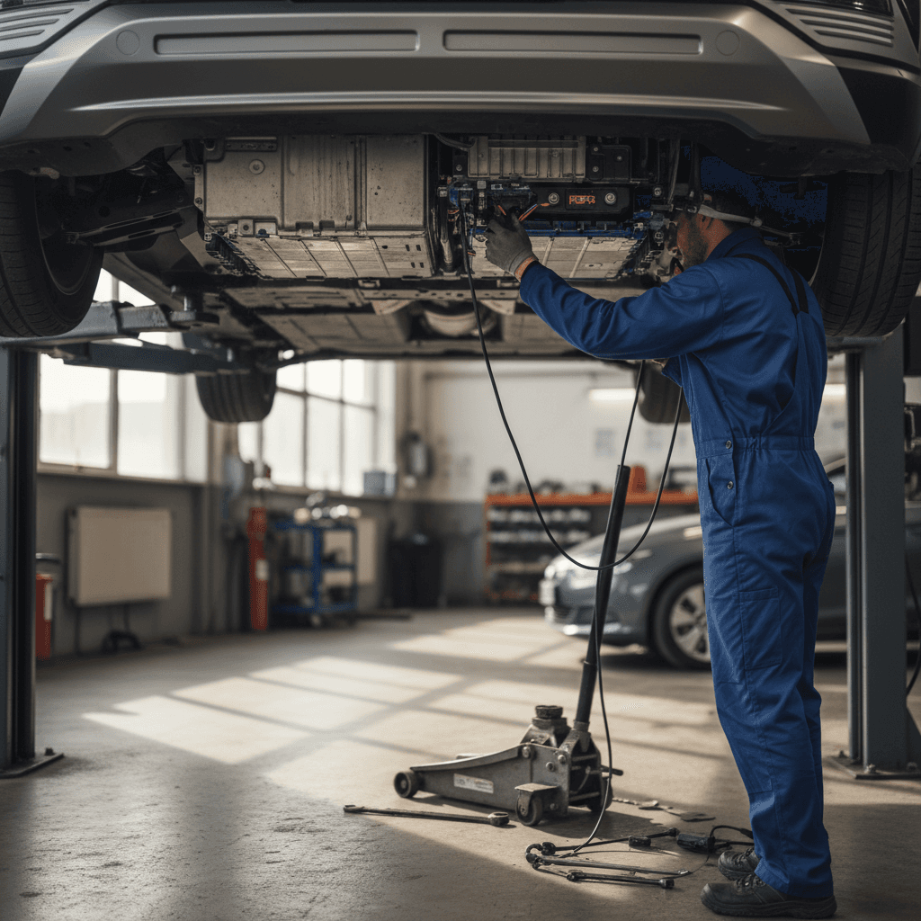 Technician examining the flat battery pack under a raised Hyundai Ioniq 5 on a lift