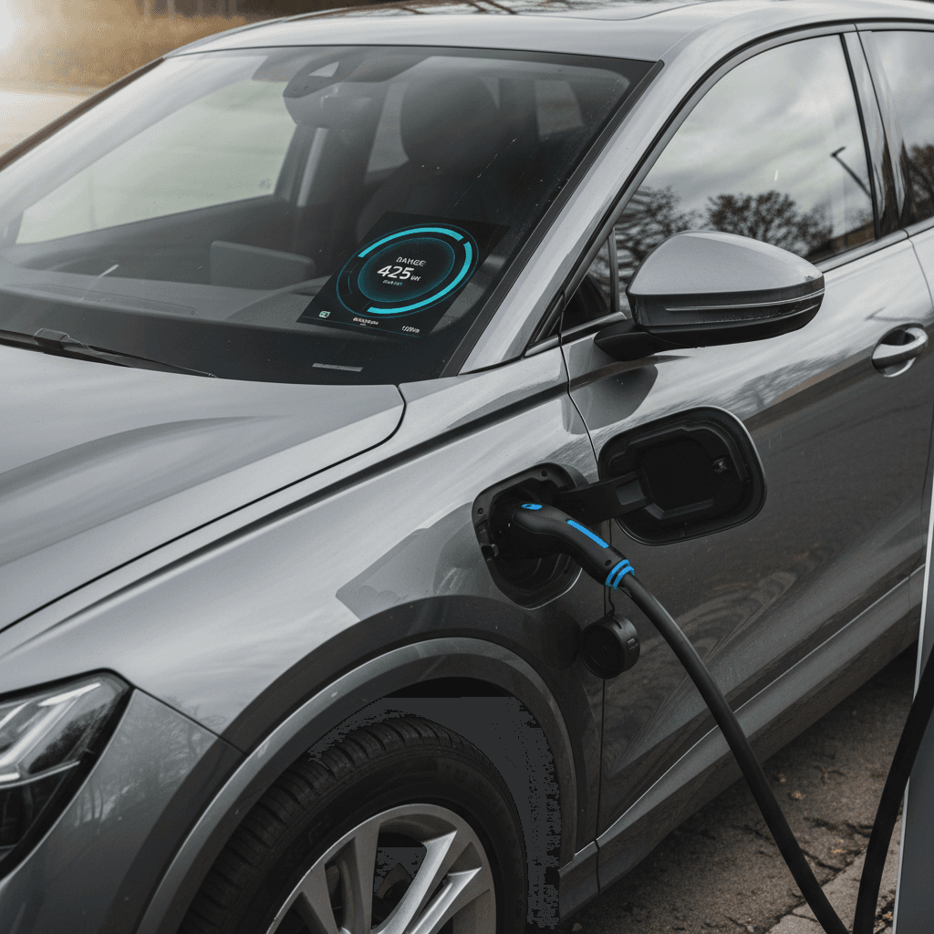 Audi Q4 e-tron plugged into a DC fast charger showing remaining range on the driver display