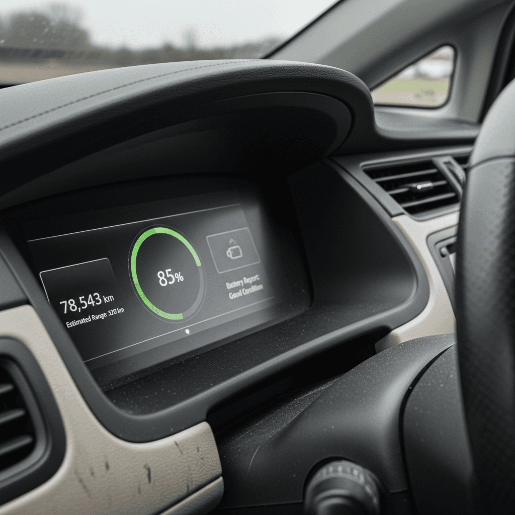 Close-up of an electric car dashboard showing range estimate and battery health details