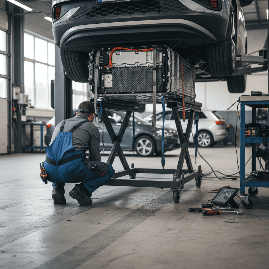Volkswagen ID.4 on a lift with a technician inspecting the high-voltage battery pack from below