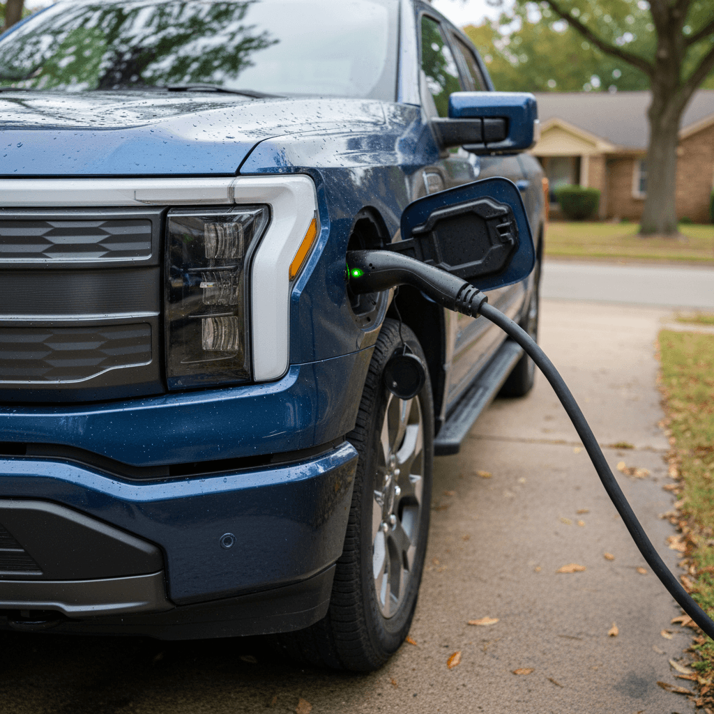 Front quarter view of a 2024 Ford F-150 Lightning plugged into a home charger in a suburban driveway