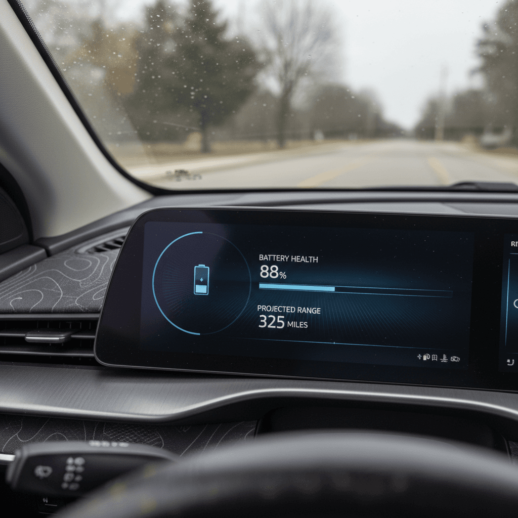Digital instrument cluster in an electric car showing battery state of charge and remaining driving range