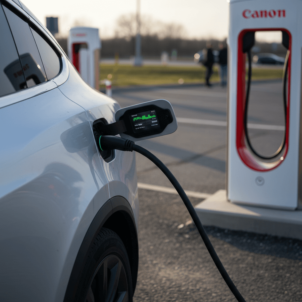 Tesla Model X charging at a highway Supercharger station with pricing shown on the stall display