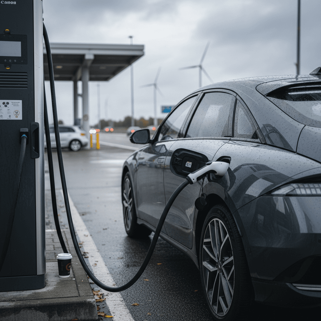 Hyundai IONIQ 6 sedan plugged into a highway DC fast charger, emphasizing its streamlined body and charging port