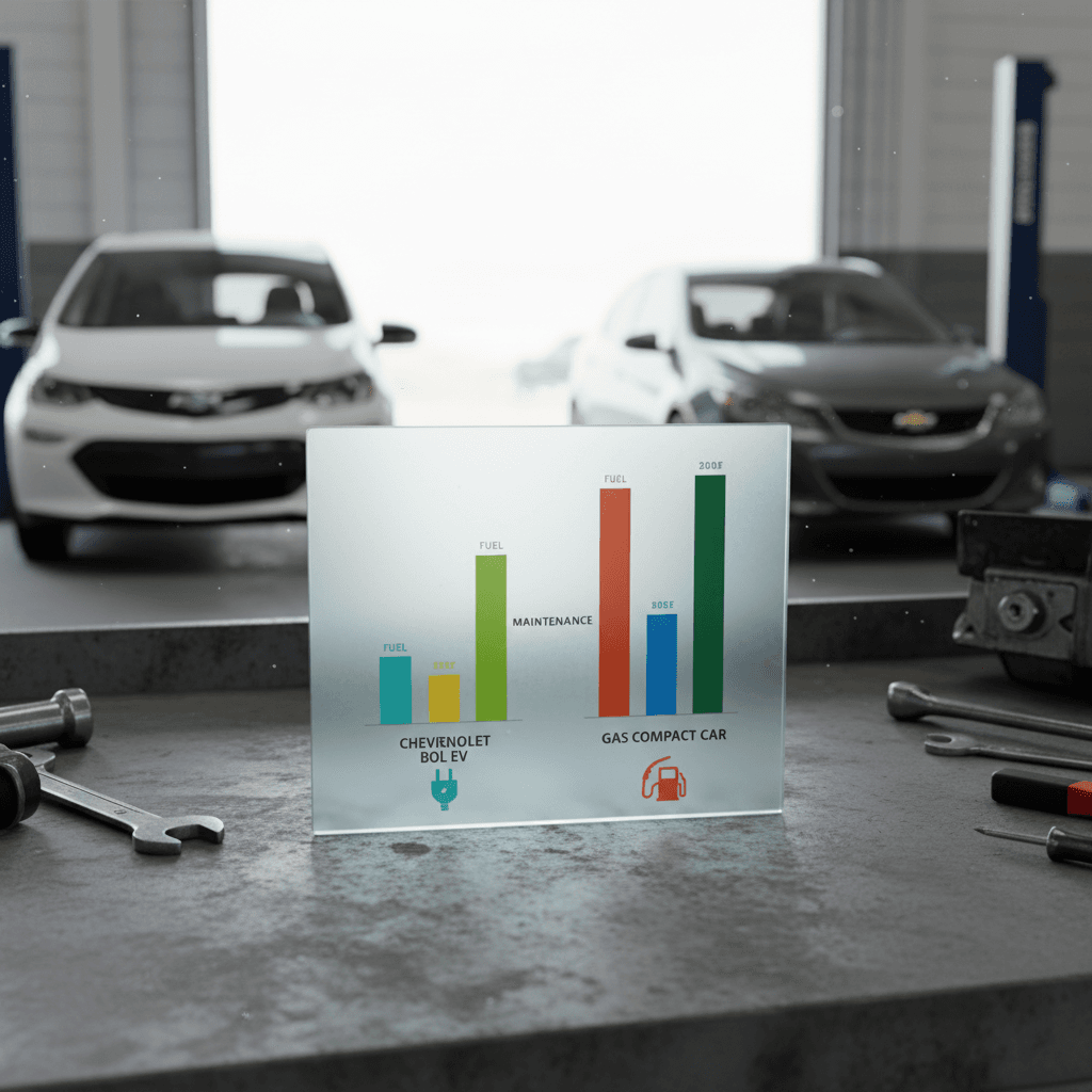Bar chart comparing five-year fuel, maintenance, and net ownership costs for a Chevrolet Bolt EV versus a similar gas compact car