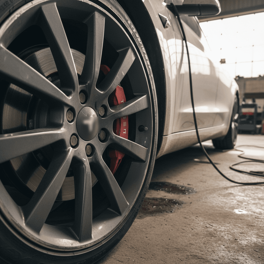 Row of used Tesla Model 3 sedans parked at a dealership lot