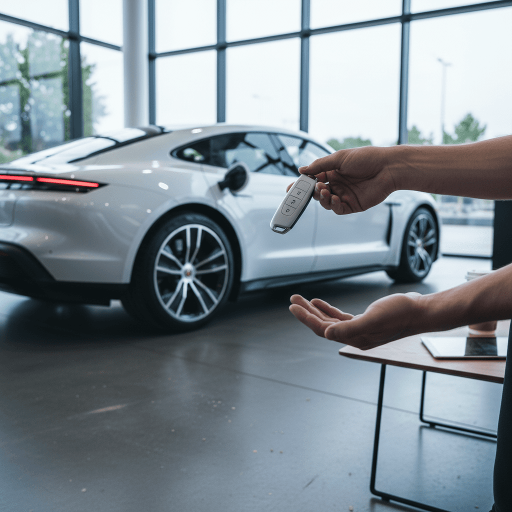 Seller and buyer completing a deal on a white Porsche Taycan in a bright EV-focused showroom
