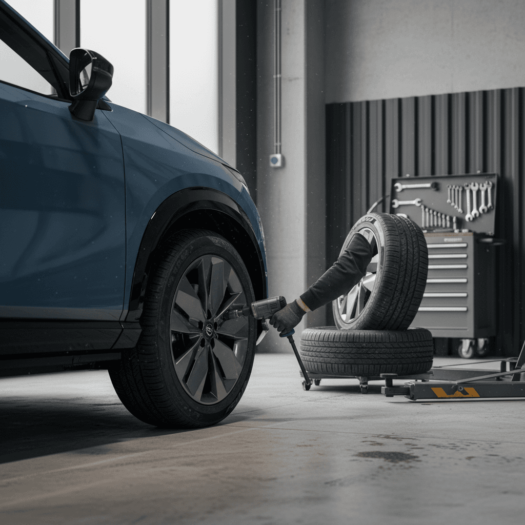 Technician rotating tires on a Nissan Ariya during routine annual service