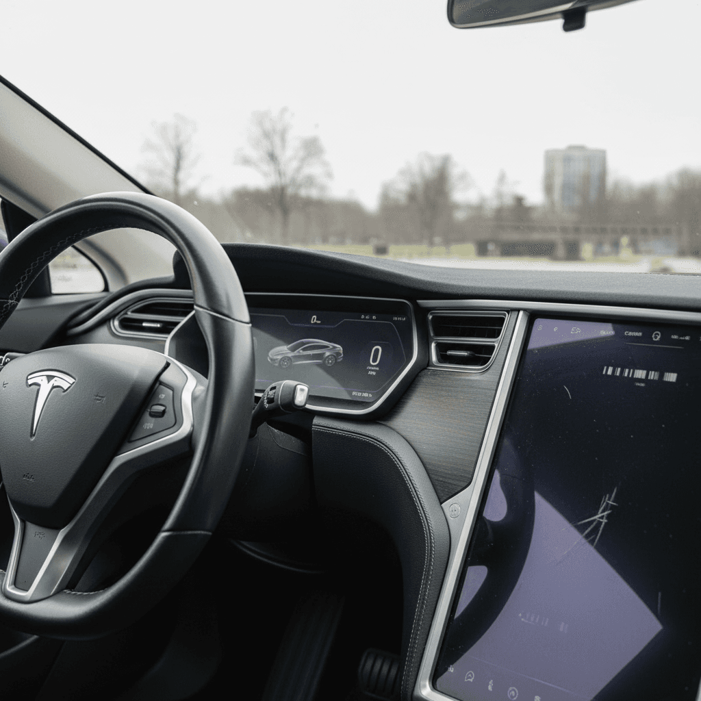 Close-up of a Tesla Model S instrument cluster with clear brake and warning lights visible