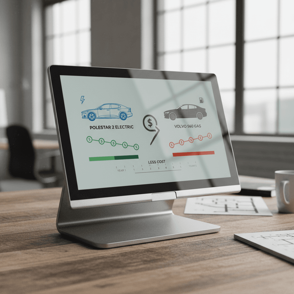 Infographic comparing 5‑year fuel and electricity costs for a Polestar 2 and a Volvo S60 at average U.S. energy prices
