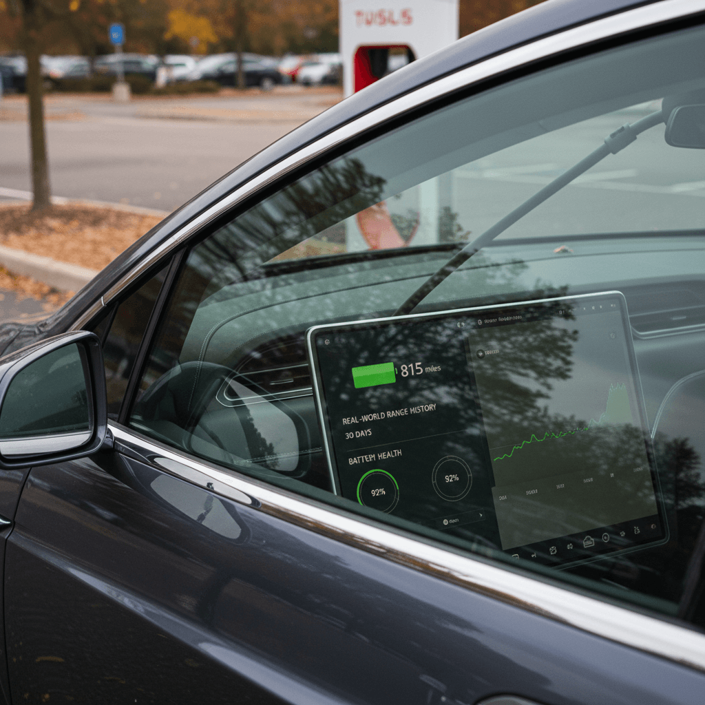 Tesla Model X charging at a fast charger showing real-world range graph and energy use on the center touchscreen