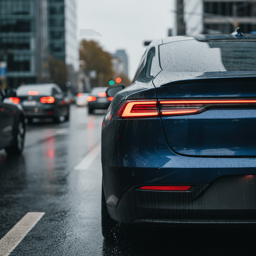 Electric vehicle braking in city traffic with illuminated brake lights