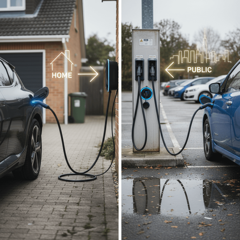 Illustration showing an EV charging at home in a driveway compared with an EV at a public fast charger in a parking lot