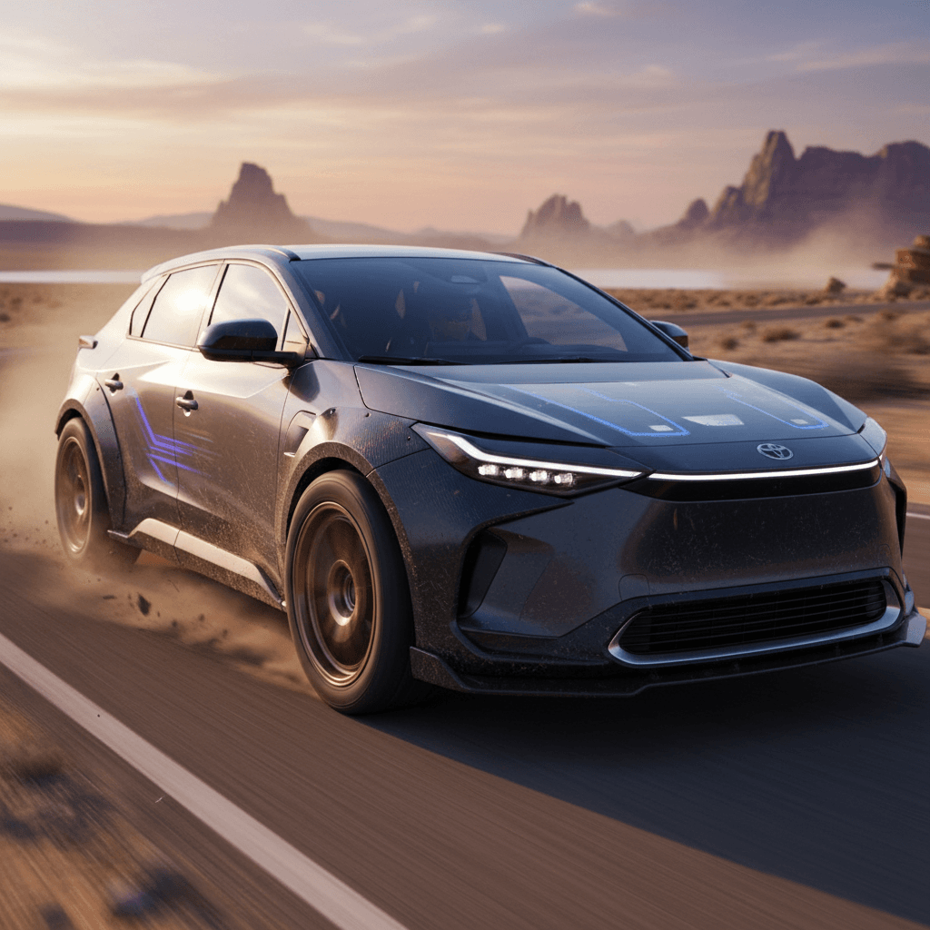 Electric hypercar displayed in a modern showroom, highlighting low stance and aggressive aero