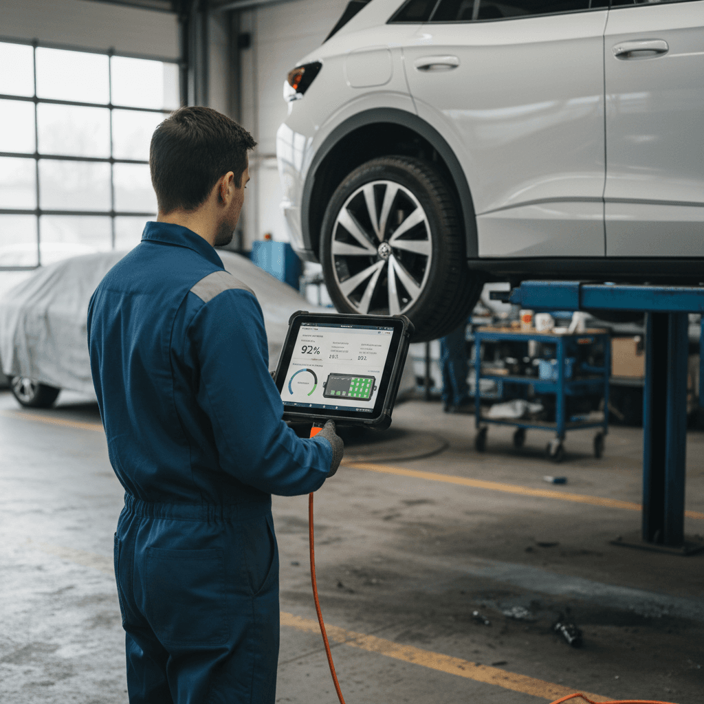 Technician using diagnostic equipment to check a used Volkswagen ID.4’s battery health and software updates in a service bay