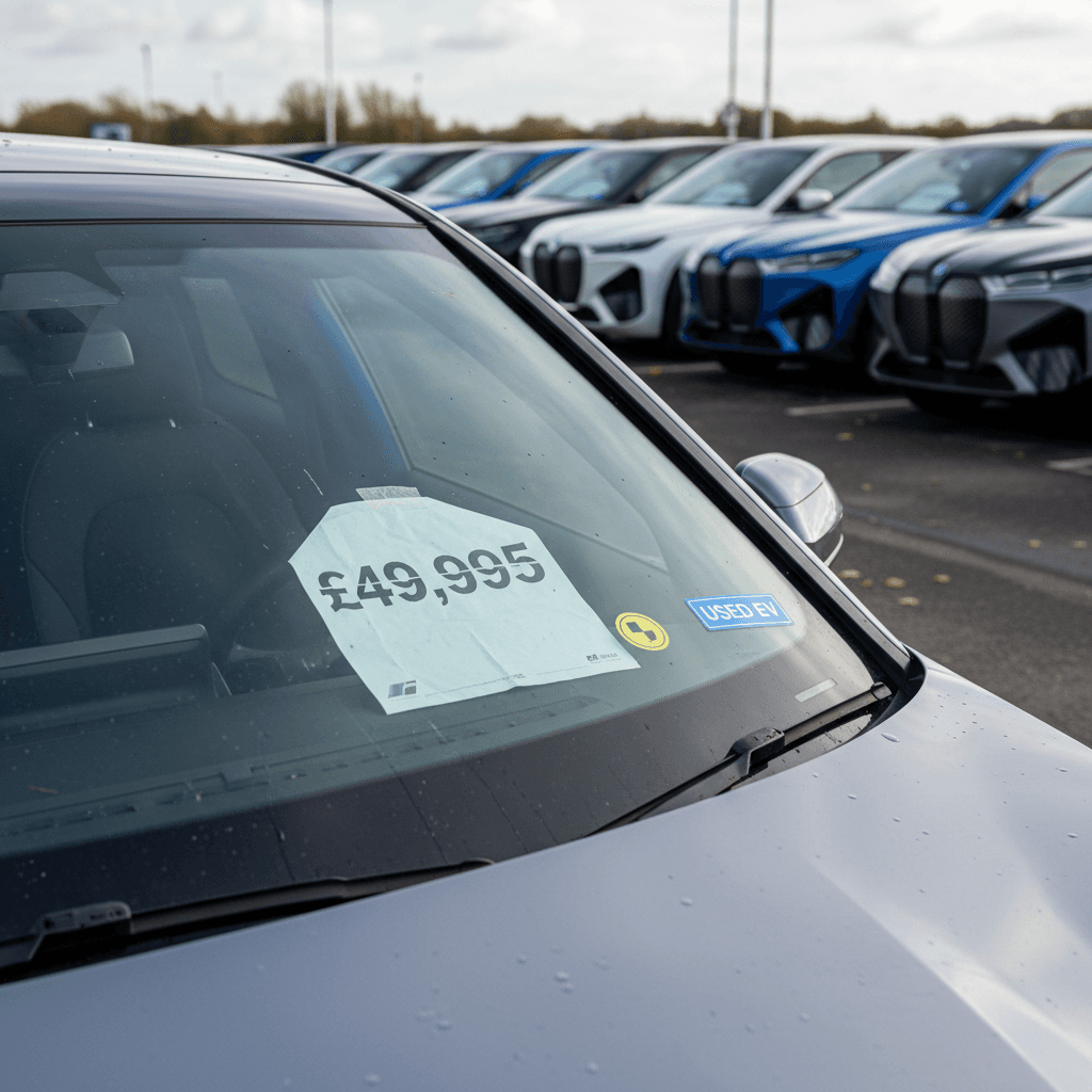 Row of used BMW iX SUVs parked on a lot, illustrating real-world depreciation in 2026