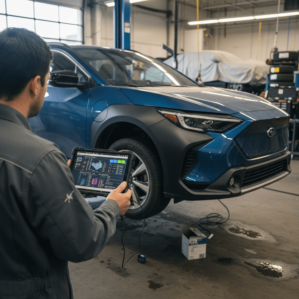Technician using a diagnostic tablet to assess the battery health of a used Subaru Solterra before trade‑in